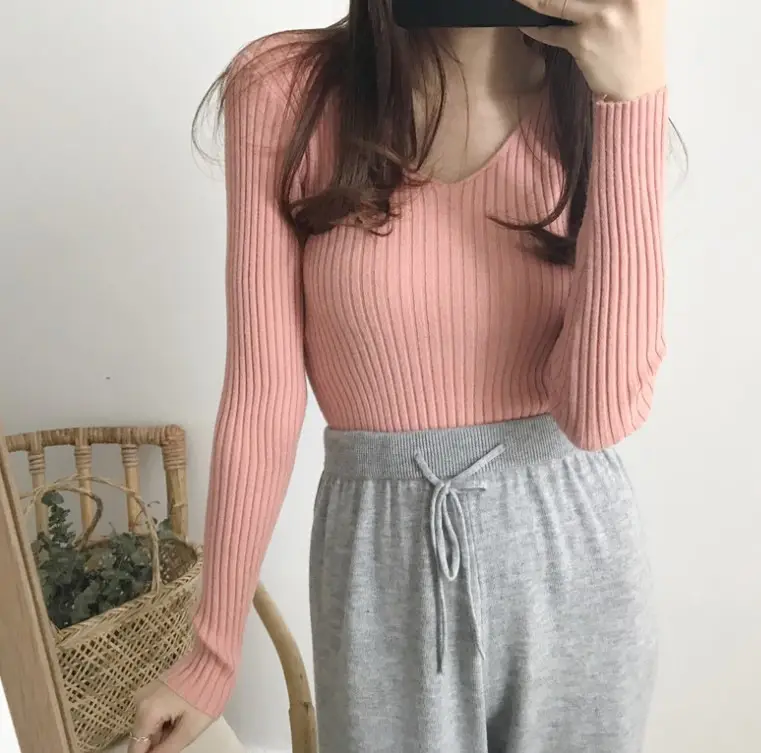 Women V-Neck Knitted Sweater Slim Fit Beige - Image 9