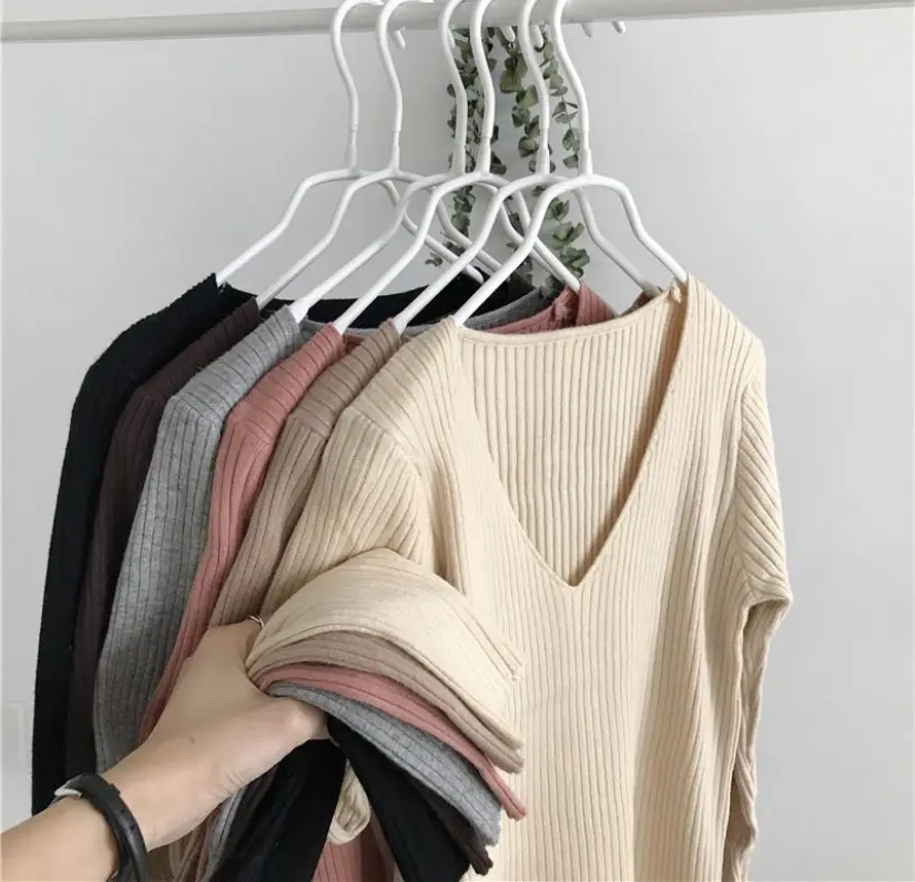 Women V-Neck Knitted Sweater Slim Fit Beige - Image 10