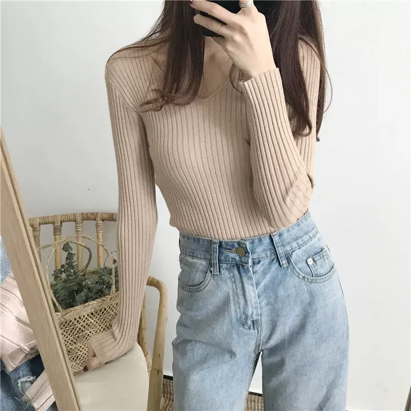 Women V-Neck Knitted Sweater Slim Fit Beige — feature 10