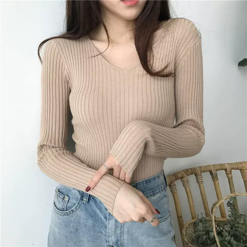 Women V-Neck Knitted Sweater Slim Fit Beige — feature 11