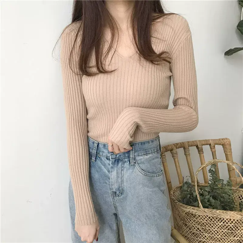 Women V-Neck Knitted Sweater Slim Fit Beige — feature 12