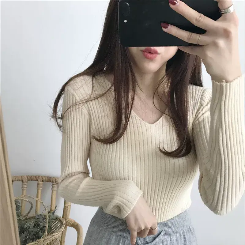 Women V-Neck Knitted Sweater Slim Fit Beige — feature 13
