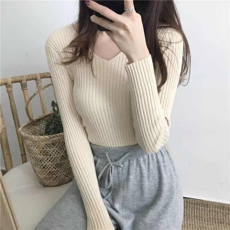 Women V-Neck Knitted Sweater Slim Fit Beige — feature 14