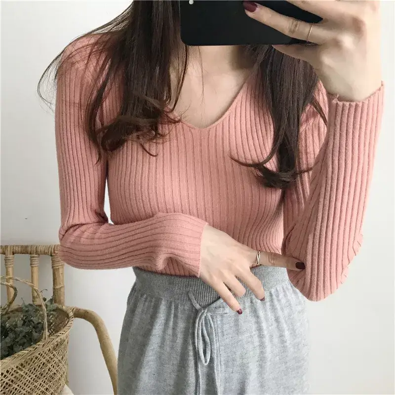 Women V-Neck Knitted Sweater Slim Fit Beige — feature 16