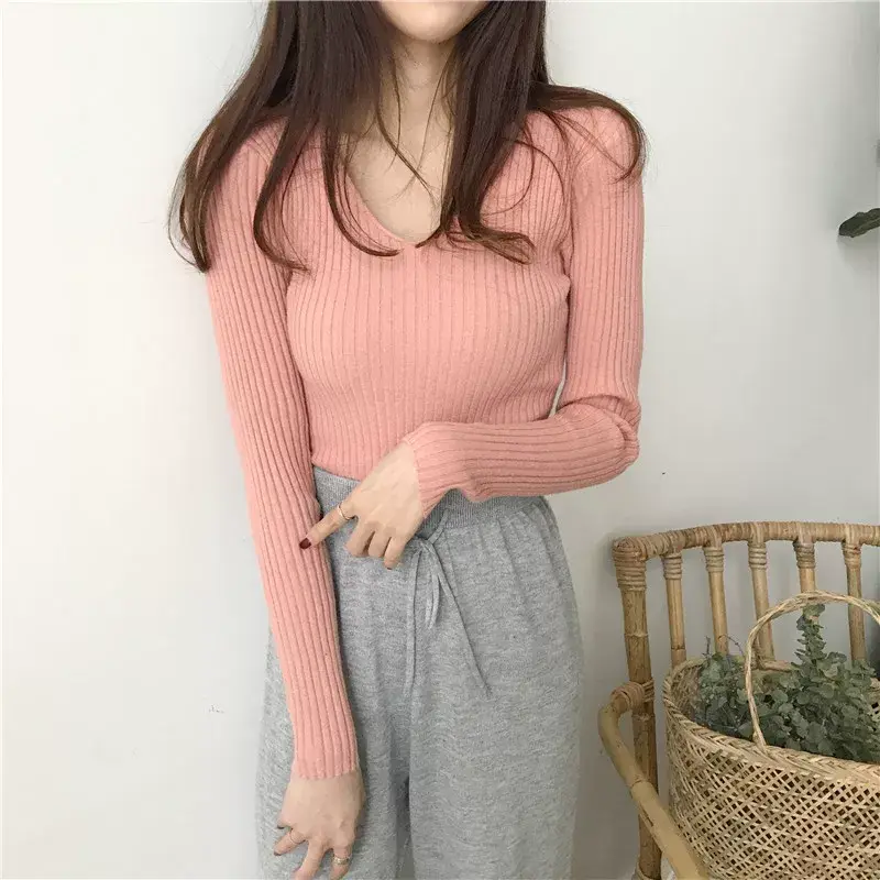Women V-Neck Knitted Sweater Slim Fit Beige — feature 18
