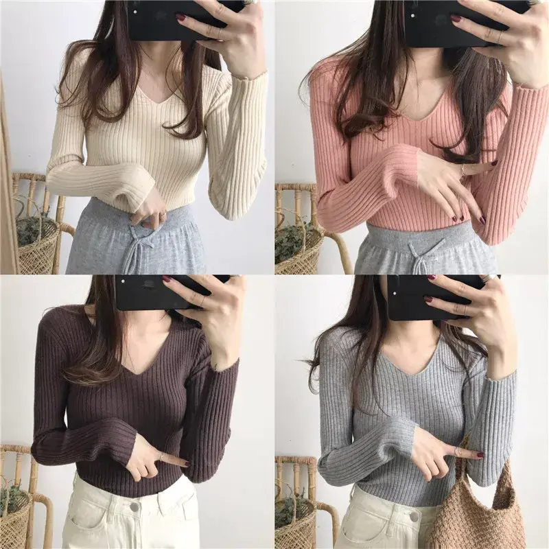 Women V-Neck Knitted Sweater Slim Fit Beige — feature 2