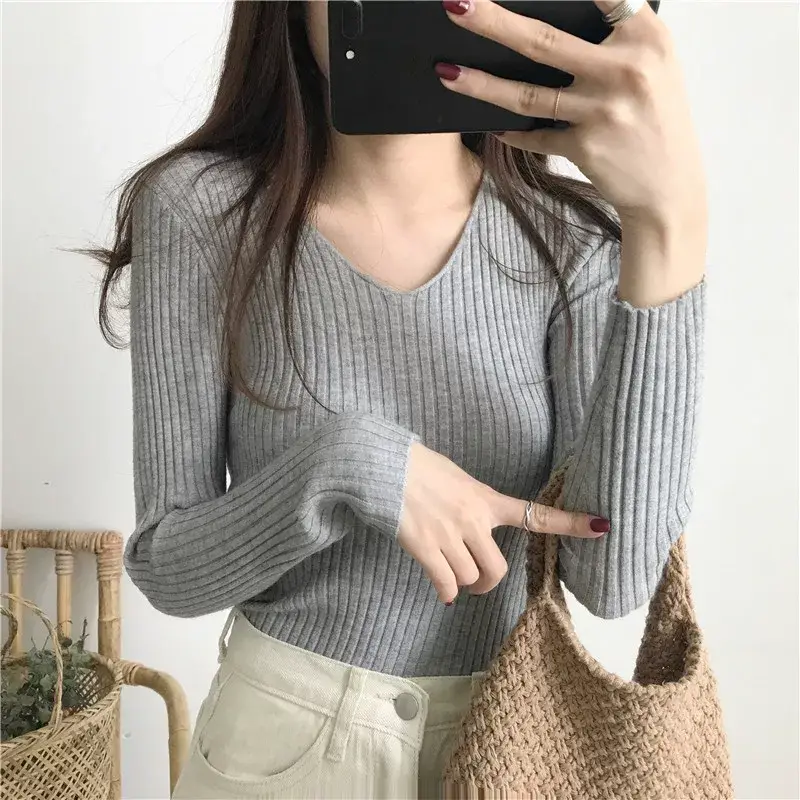 Women V-Neck Knitted Sweater Slim Fit Beige — feature 20