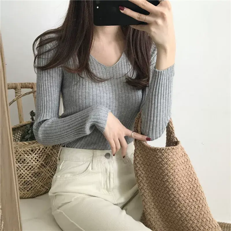 Women V-Neck Knitted Sweater Slim Fit Beige — feature 22