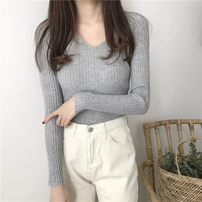 Women V-Neck Knitted Sweater Slim Fit Beige — feature 23