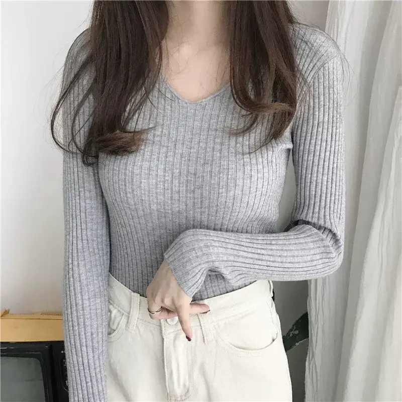 Women V-Neck Knitted Sweater Slim Fit Beige — feature 24