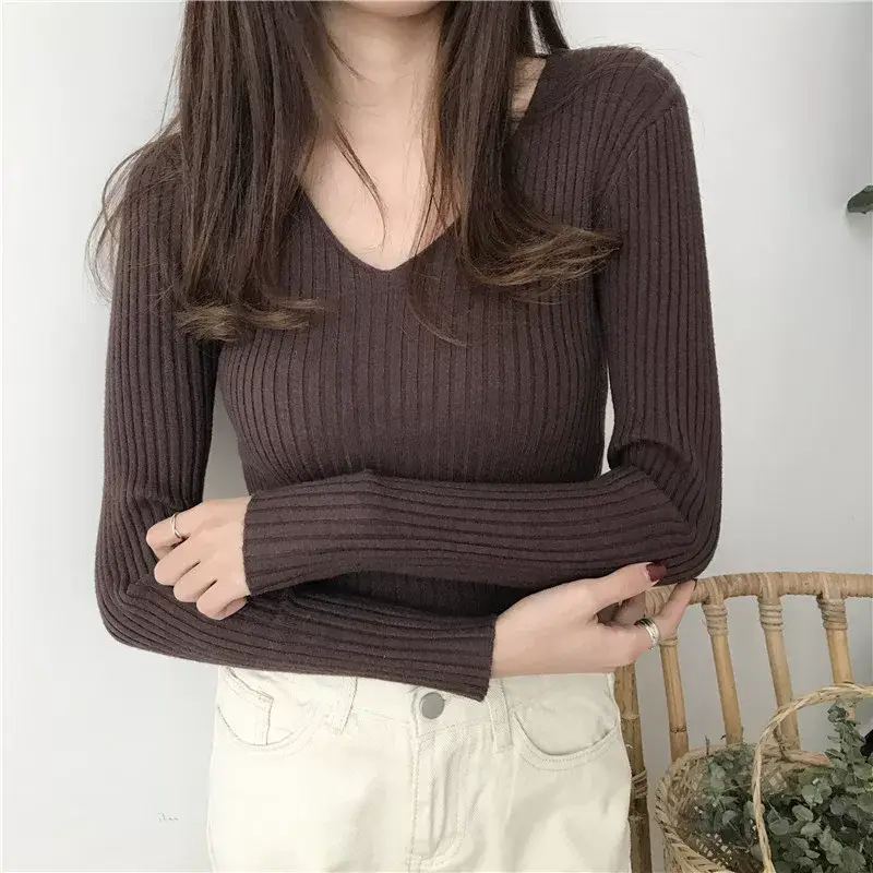 Women V-Neck Knitted Sweater Slim Fit Beige — feature 25