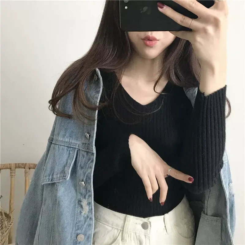 Women V-Neck Knitted Sweater Slim Fit Beige — feature 27