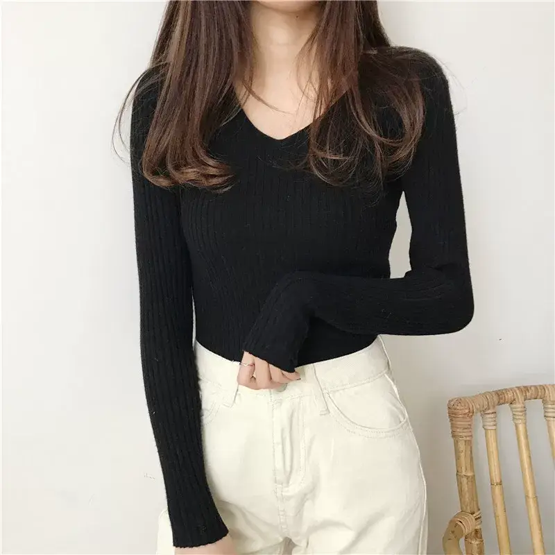 Women V-Neck Knitted Sweater Slim Fit Beige — feature 28
