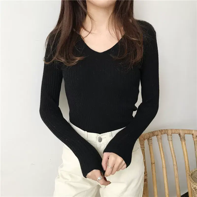 Women V-Neck Knitted Sweater Slim Fit Beige — feature 29