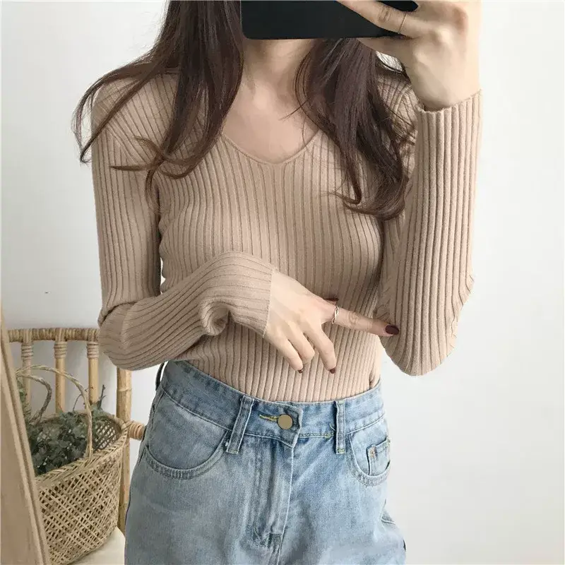Women V-Neck Knitted Sweater Slim Fit Beige — feature 9