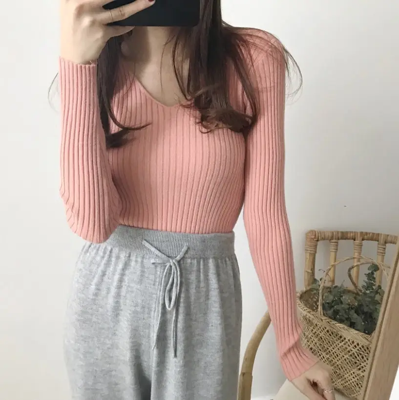 Women V-Neck Knitted Sweater Slim Fit Beige - Image 3