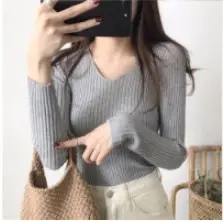 Women V-Neck Knitted Sweater Slim Fit Beige - Image 4