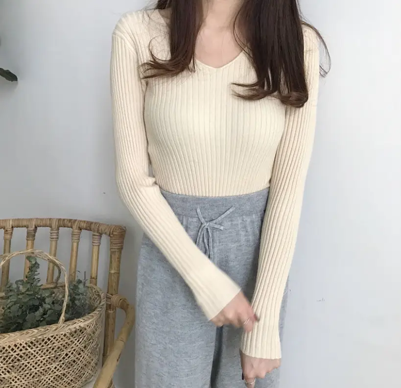 Women V-Neck Knitted Sweater Slim Fit Beige - Image 6