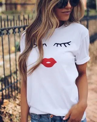 Women Printed T-Shirt White Red Lips Short Sleeve - Image 3