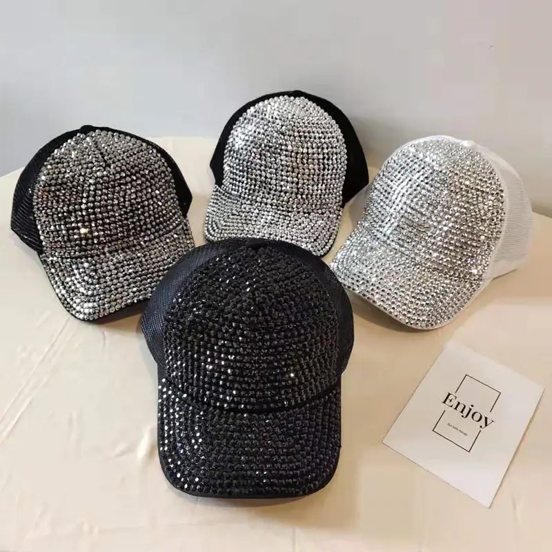 Women's Rhinestone Net Cap Sun Hat Blue Sparkly