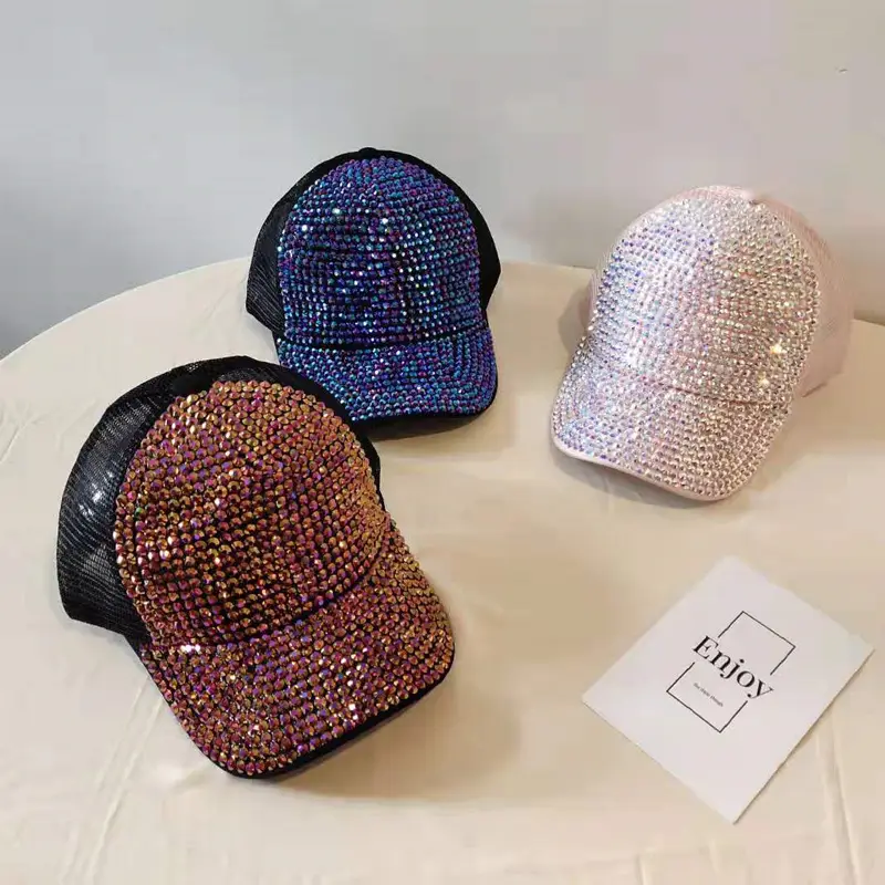Women's Rhinestone Net Cap Sun Hat Blue Sparkly - Image 9