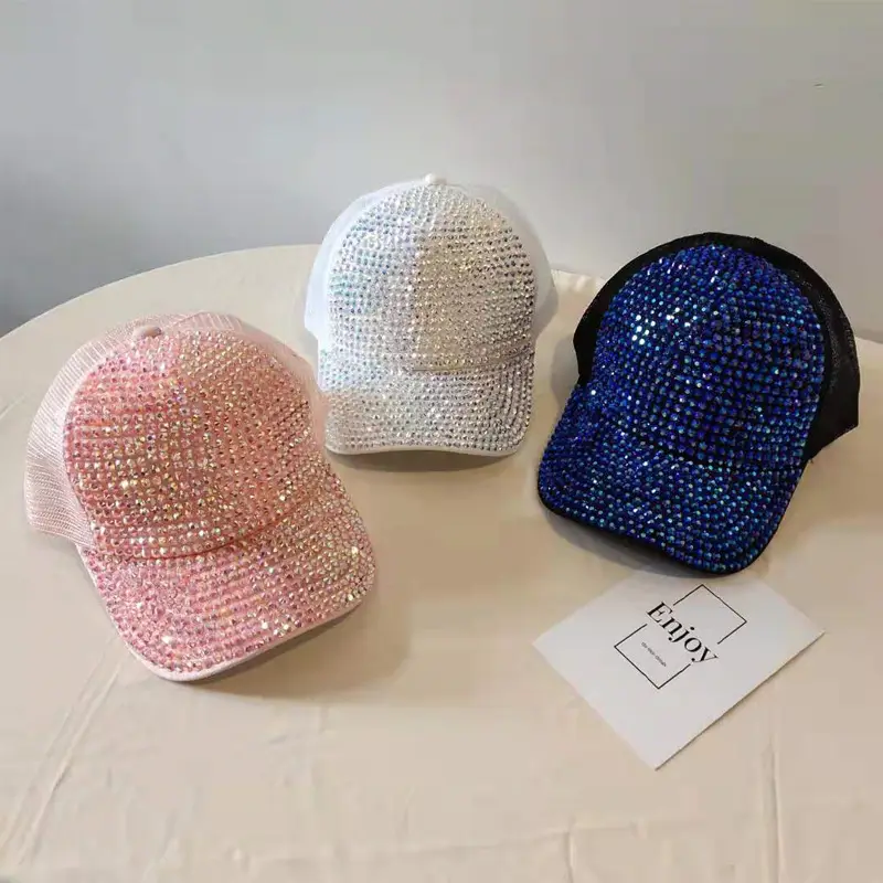 Women's Rhinestone Net Cap Sun Hat Blue Sparkly - Image 10