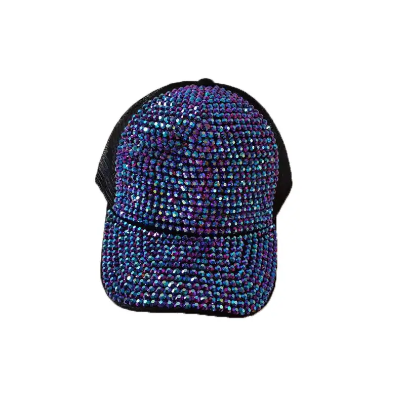 Women's Rhinestone Net Cap Sun Hat Blue Sparkly - Image 12
