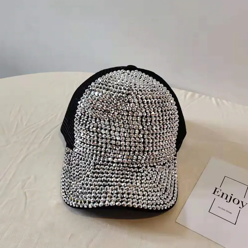 Women's Rhinestone Net Cap Sun Hat Blue Sparkly - Image 6