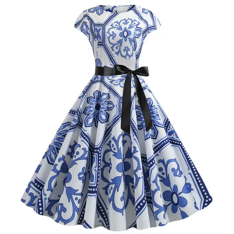 Printed Floral Round Neck Swing Dress for Women - Image 11