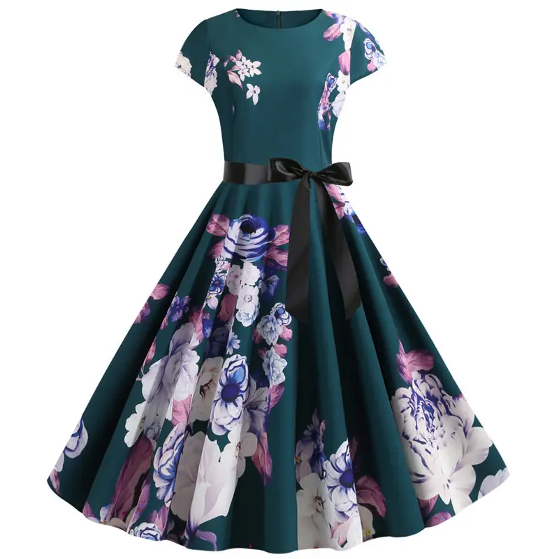 Printed Floral Round Neck Swing Dress for Women - Image 12