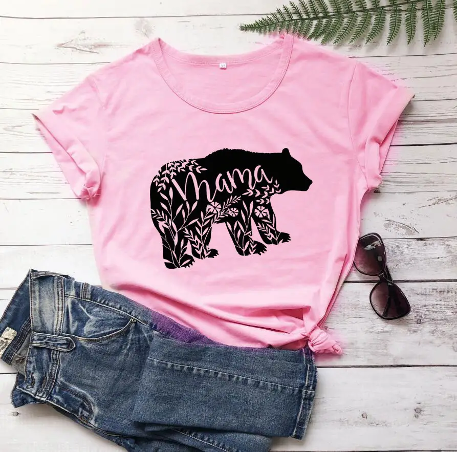 Mama Bear Print T-Shirt Pink Cotton Short Sleeve - Image 5