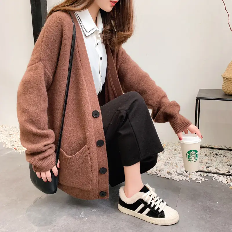 Women's Loose V-Neck Cardigan Sweater Tan Button Front - Image 4