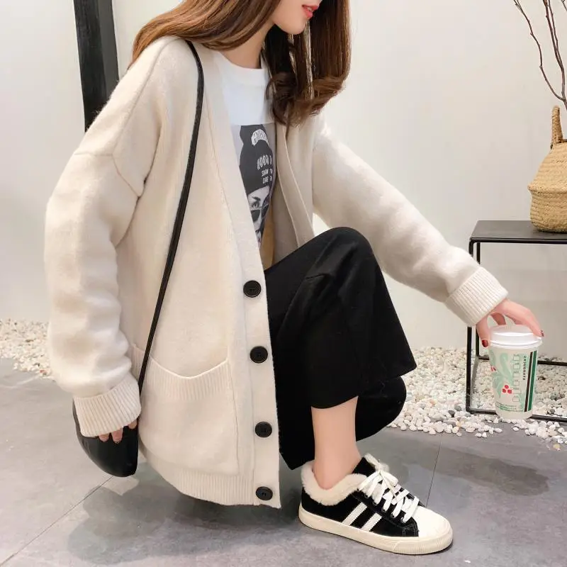 Women's Loose V-Neck Cardigan Sweater Tan Button Front - Image 6