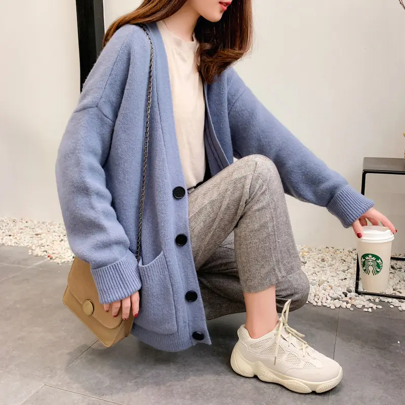 Women's Loose V-Neck Cardigan Sweater Tan Button Front - Image 5