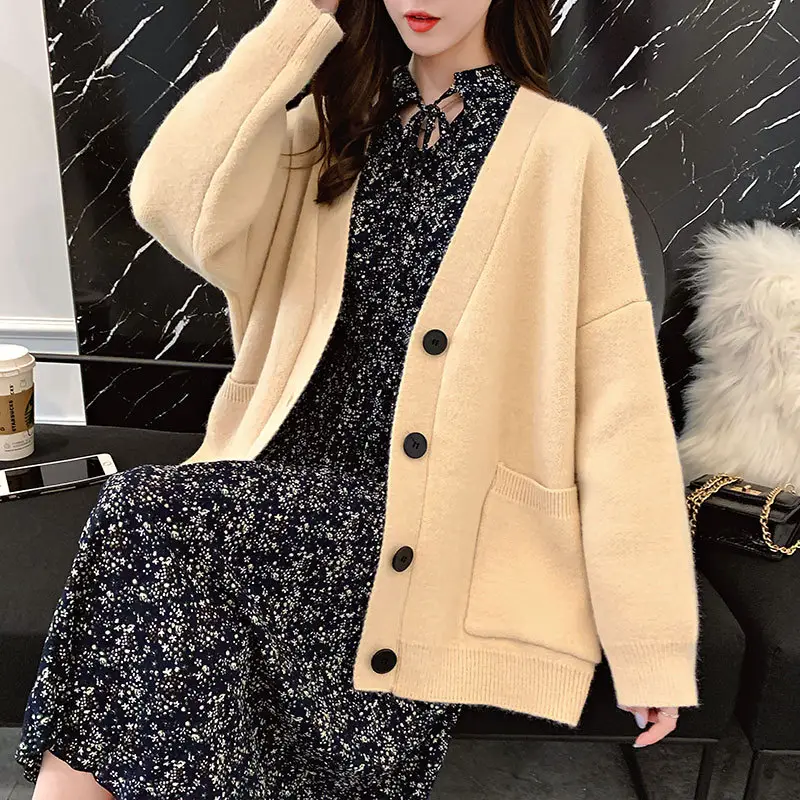 Women's Loose V-Neck Cardigan Sweater Tan Button Front - Image 2