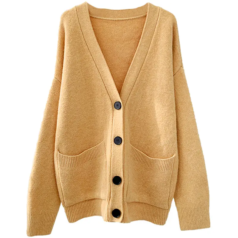 Women's Loose V-Neck Cardigan Sweater Tan Button Front - Image 7