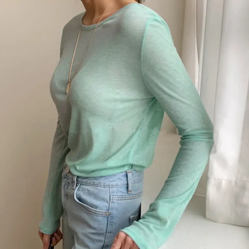 Women's Mint Green Long Sleeve Round Neck T-Shirt - Image 5