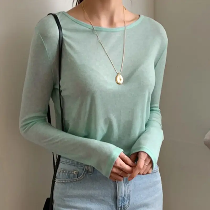 Women's Mint Green Long Sleeve Round Neck T-Shirt - Image 6