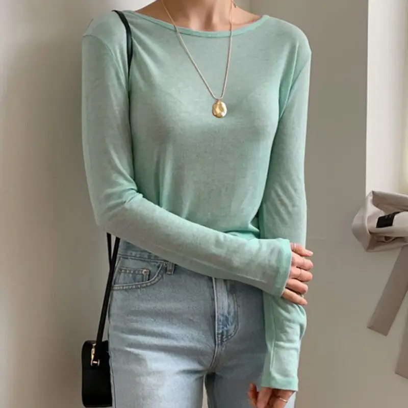 Women's Mint Green Long Sleeve Round Neck T-Shirt - Image 7