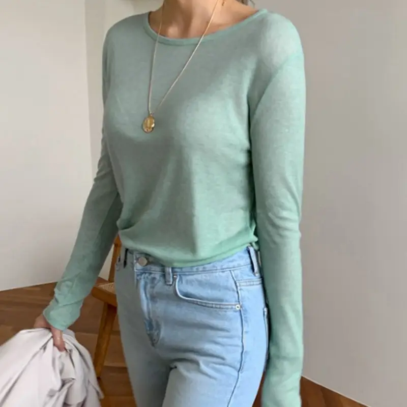 Women's Mint Green Long Sleeve Round Neck T-Shirt - Image 8