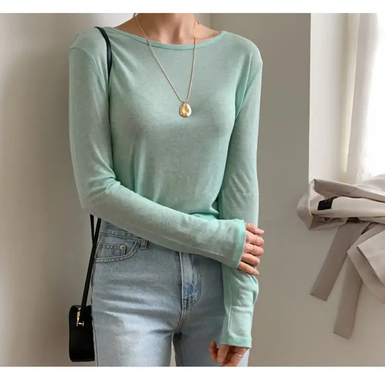 Women's Mint Green Long Sleeve Round Neck T-Shirt — feature 10