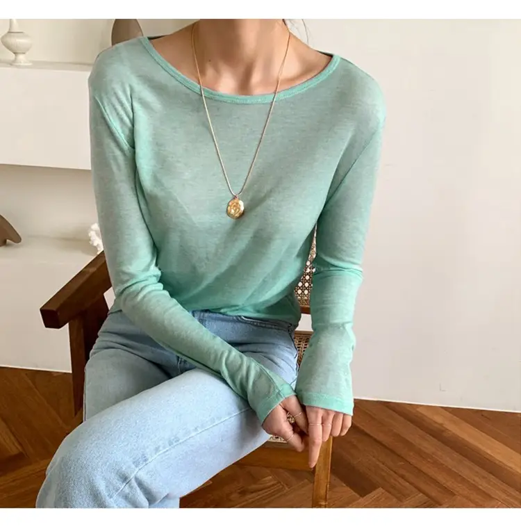 Women's Mint Green Long Sleeve Round Neck T-Shirt — feature 15