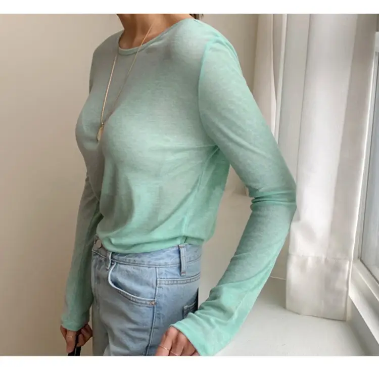 Women's Mint Green Long Sleeve Round Neck T-Shirt — feature 17