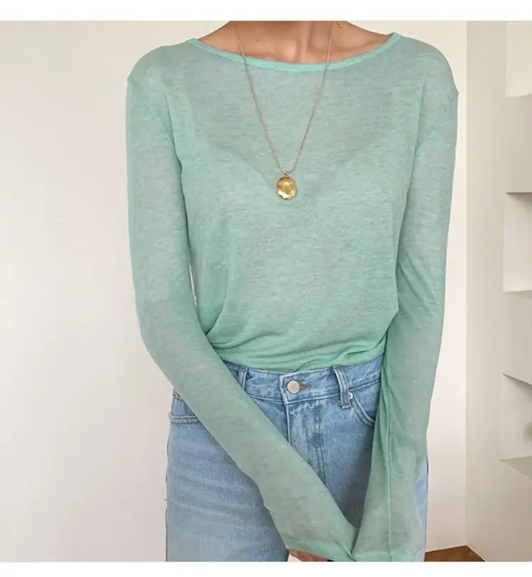 Women's Mint Green Long Sleeve Round Neck T-Shirt — feature 18
