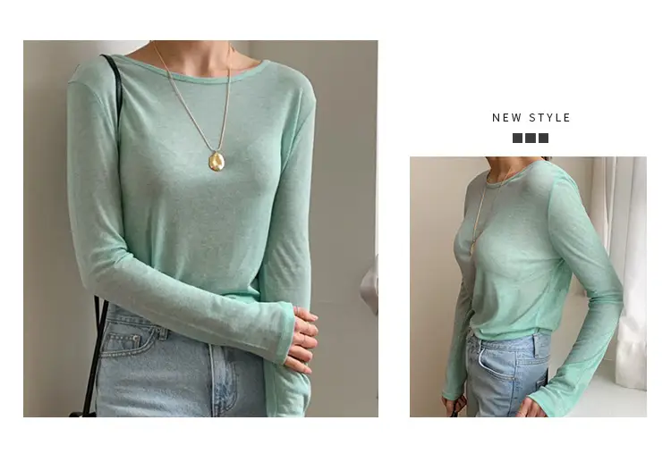 Women's Mint Green Long Sleeve Round Neck T-Shirt — feature 2