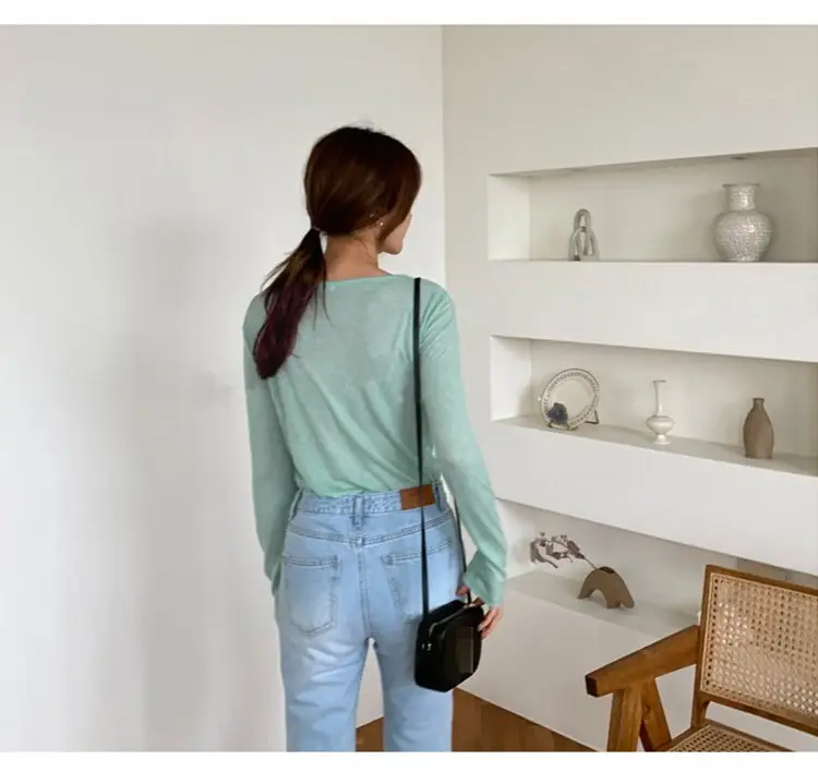 Women's Mint Green Long Sleeve Round Neck T-Shirt — feature 20