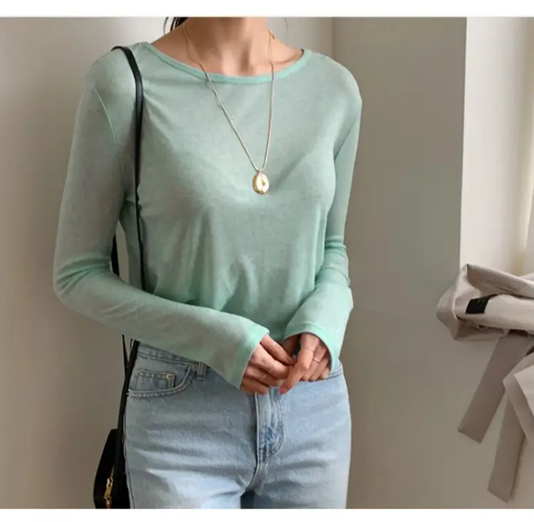 Women's Mint Green Long Sleeve Round Neck T-Shirt — feature 8
