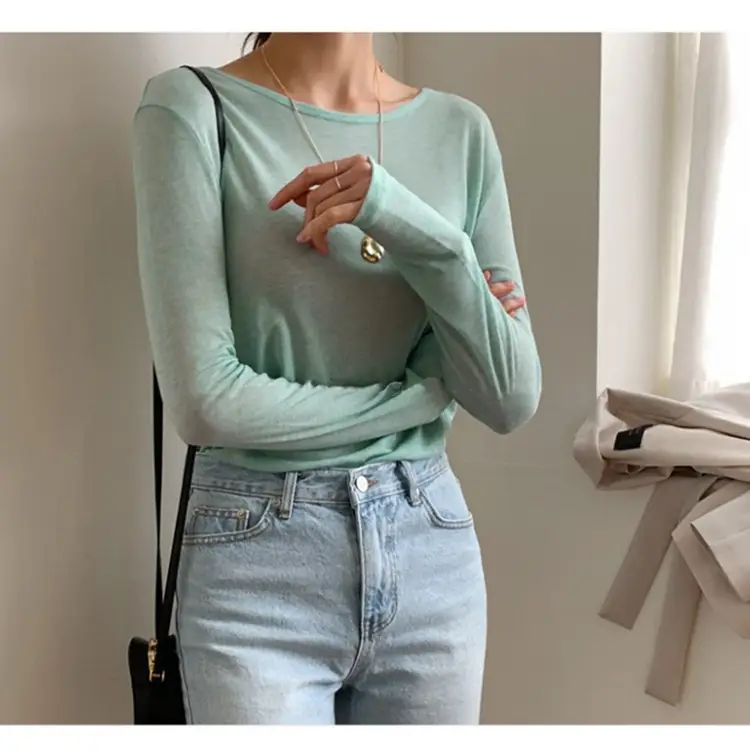 Women's Mint Green Long Sleeve Round Neck T-Shirt — feature 9