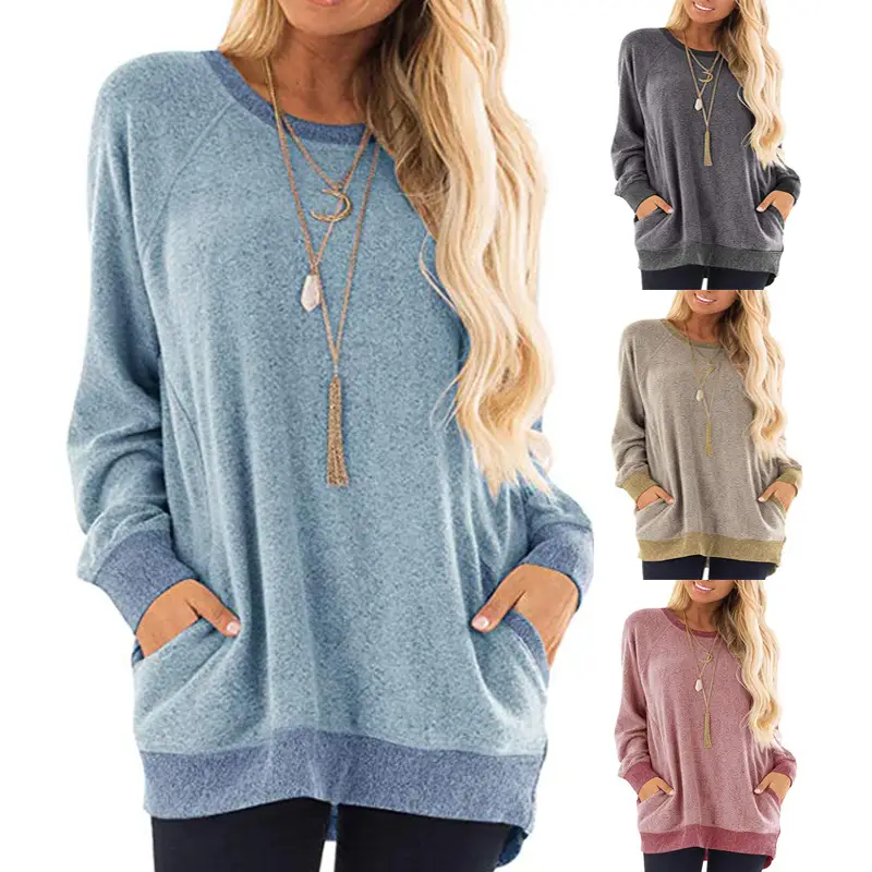 Women's Grey Contrast Pocket Sweatshirt Long Sleeve Pullover - Image 7