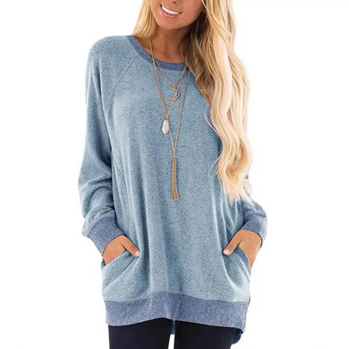 Women's Grey Contrast Pocket Sweatshirt Long Sleeve Pullover - Image 8